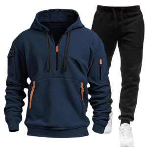 Trendy Navy-Blue Hoodie with Orange Zipper